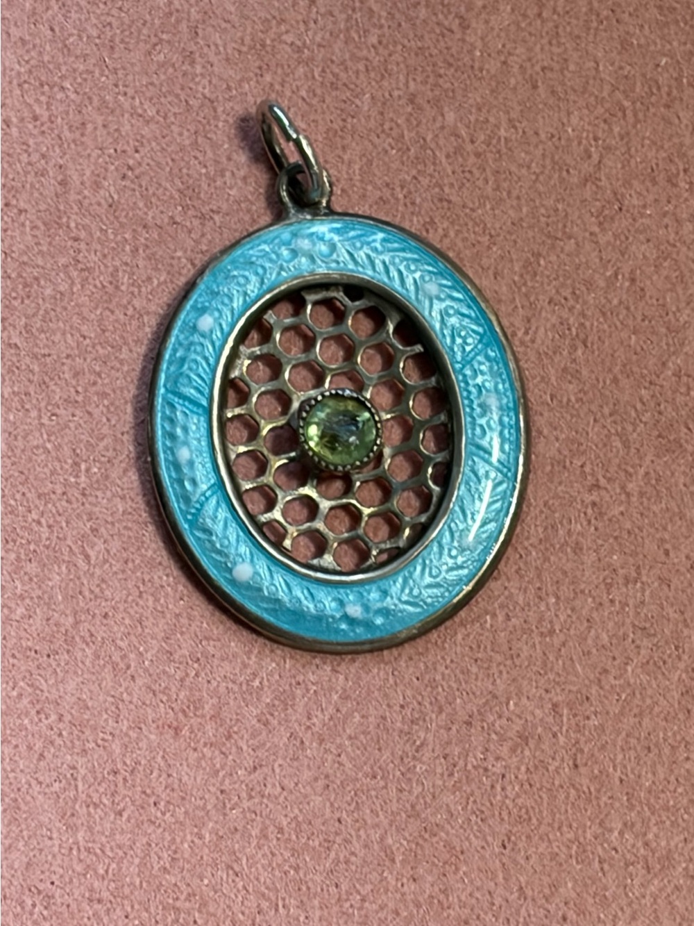 Art Deco Sterling Silver Light Blue Guilloche Enamel, Glass CabochonOval pendant - Picture 5 of 9